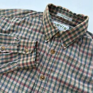 Orvis‎ Mens Green Tan Plaid Cotton Button Down Shirt Sporting Traditions Medium